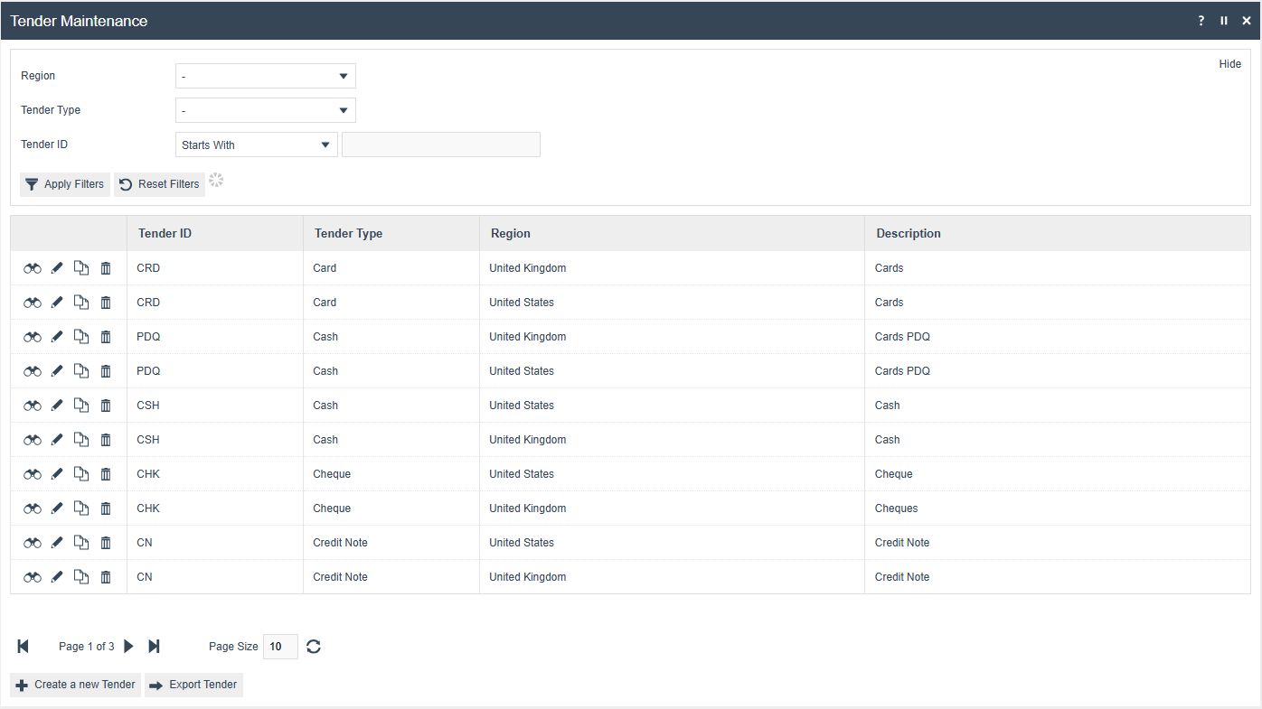 Tender Maintenance list view showing configured tenders filtered by Region and Tender ID, with columns for Tender ID, Tender Type, Region, and Description