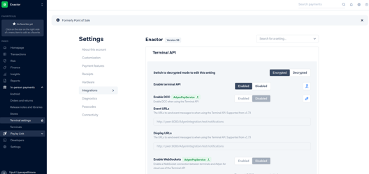 Adyen Customer Area Terminal Settings on the Integrations tab. Enable terminal API is set to Enabled. Event URLs and Display URLs are configured with the AdyenIntegration notification endpoint.