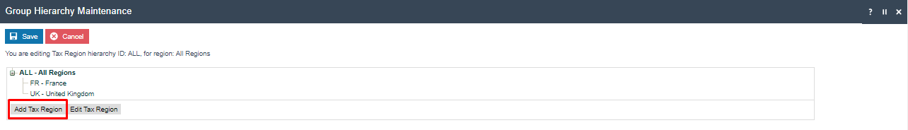 screenshot: Editing the ALL hierarchy with Add Tax Region button highlighted