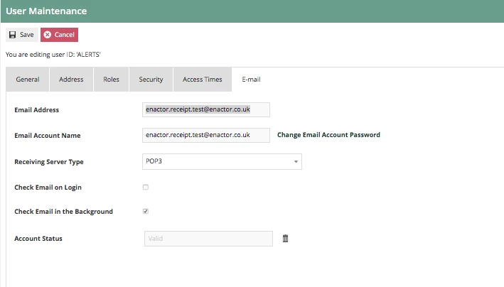 Alert user configuration showing sender email address and password fields