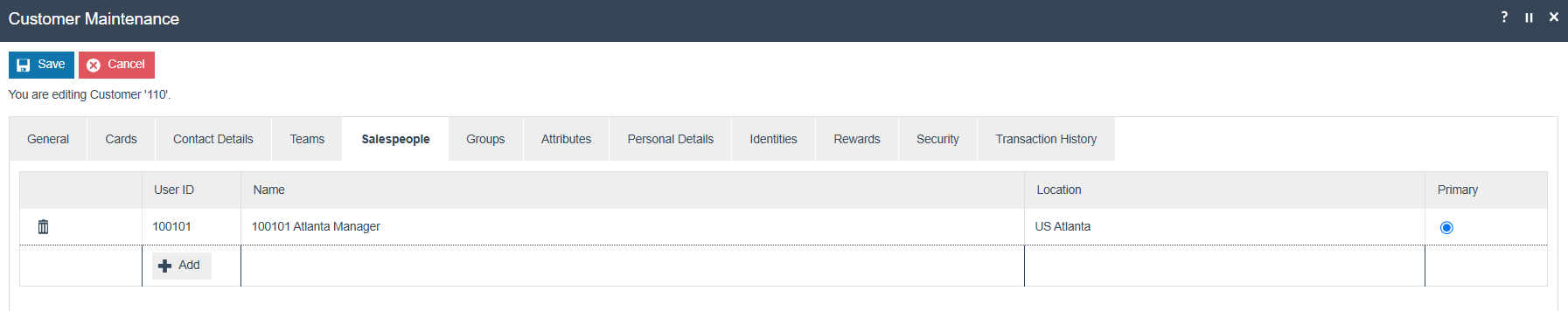 Customer Maintenance Salespeople tab for Customer 110. User 100101 Atlanta Manager at US Atlanta is listed as Primary.