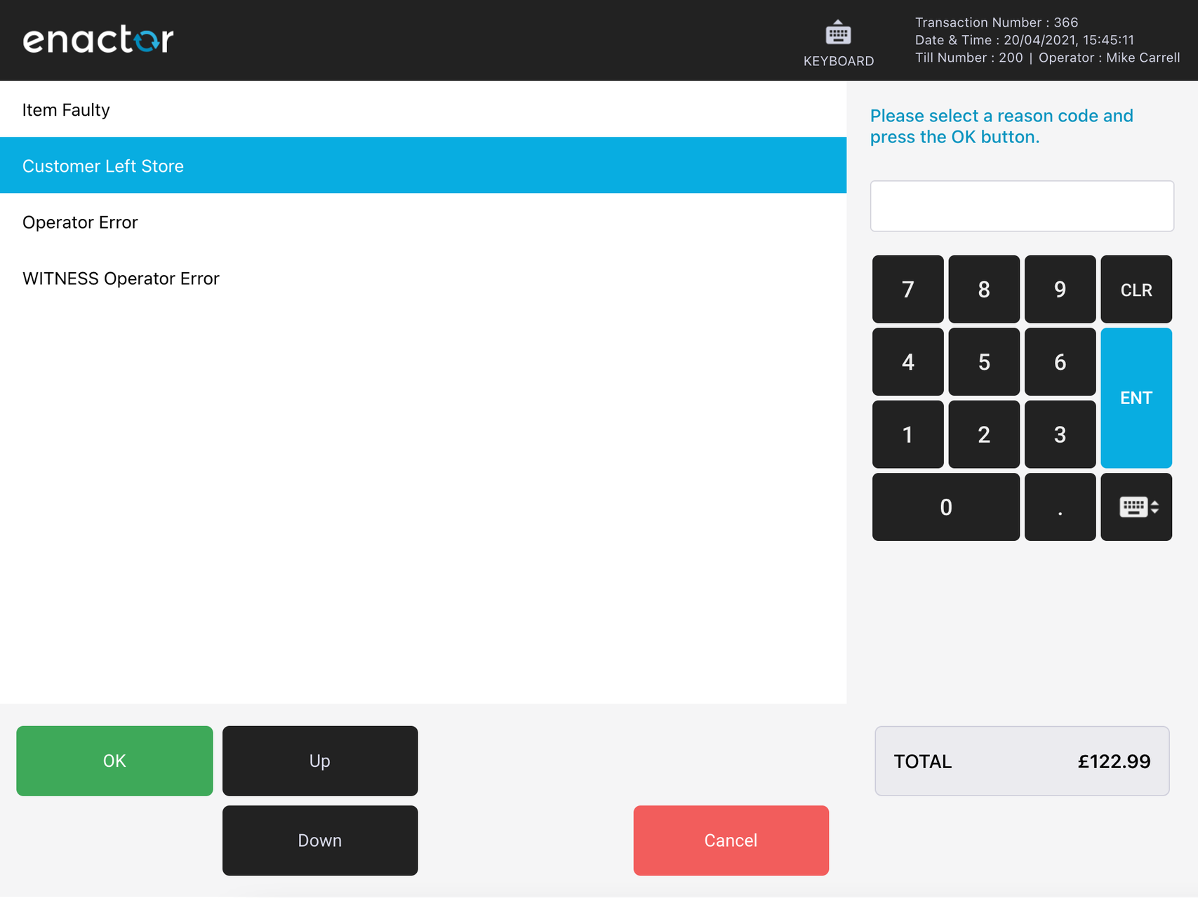 React POS basket grid with a selected row - branded theme
