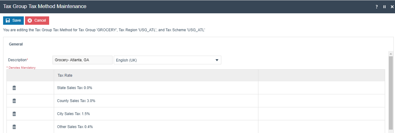 screenshot: Tax Group Tax Method with four rates added for Grocery