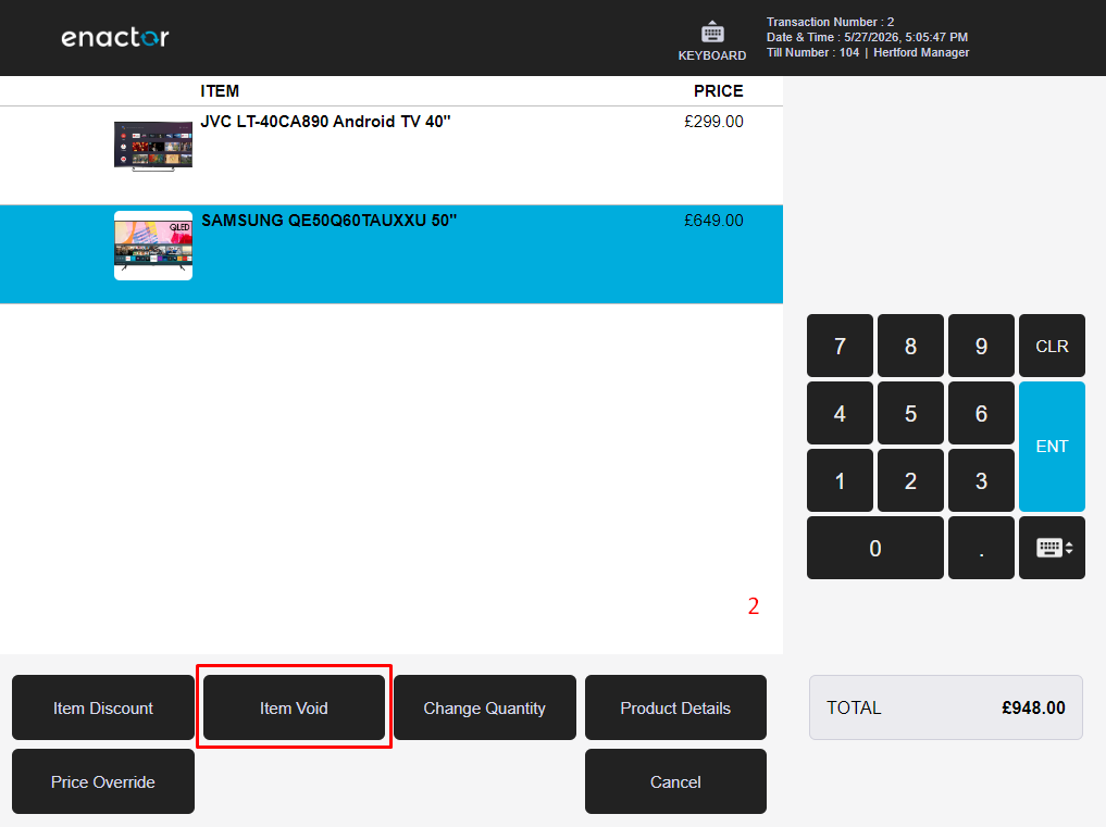 Enactor POS with Samsung TV item selected (highlighted in cyan). Item-specific function buttons are shown including Item Void highlighted with a red box.