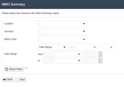MMG Summary filter screen with Region, Location, Terminal, and MMG Level dropdowns, and Date Range fields.