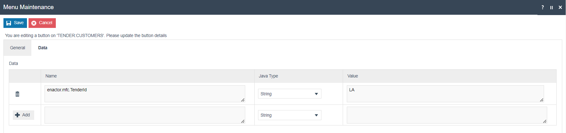 Loyalty Account Tender button Data tab in Menu Maintenance showing a dropdown to select the Loyalty Tender and an Add button.