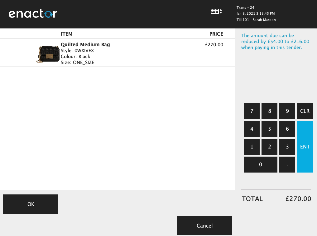 Enactor POS showing a tender-triggered promotion notification. The message indicates the amount due can be reduced by 54.00 to 216.00 when paying in this tender.