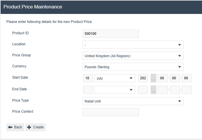 Product Price Maintenance create page with Location, Price Group, Currency, Start Date and End Date fields