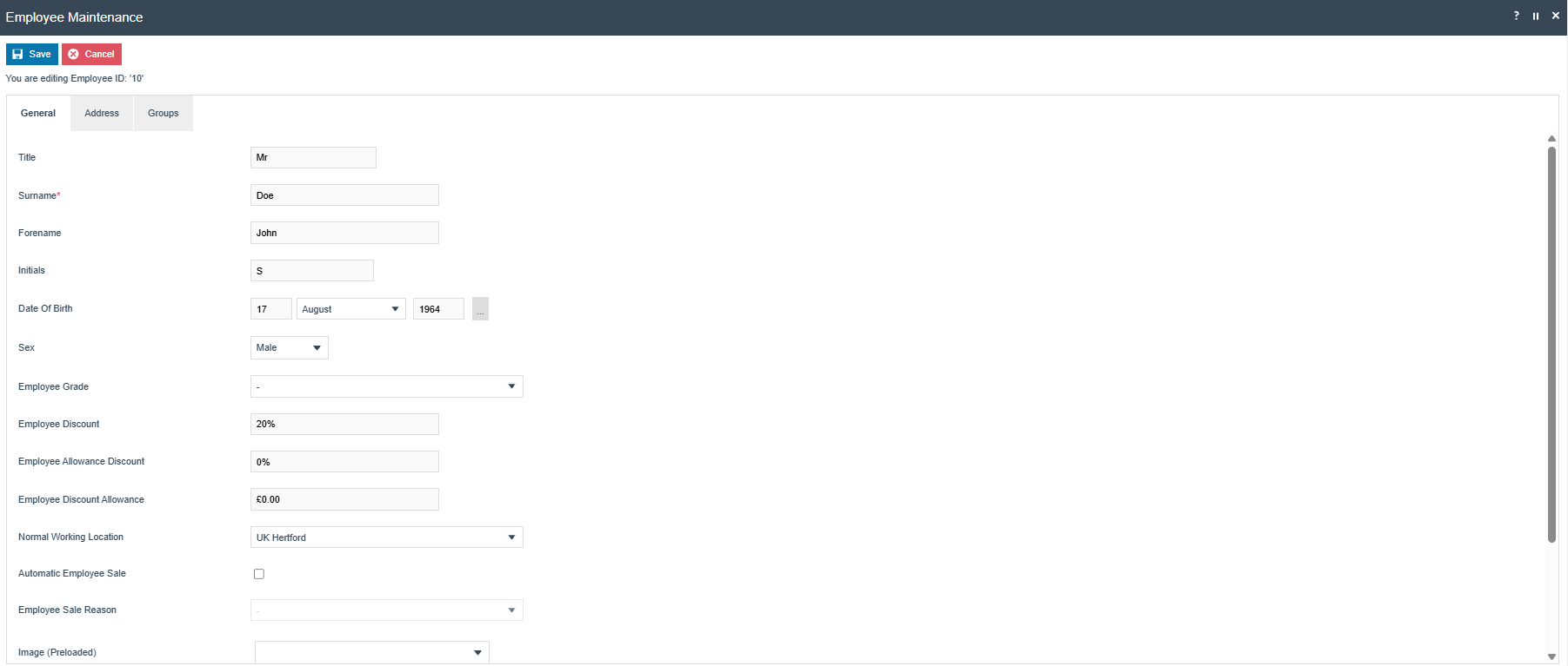 Employee record showing Employee Discount percentage entered, with balance tracking fields left empty.