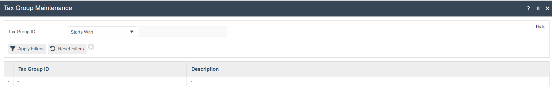 Tax Group Maintenance list showing an empty table with Tax Group ID and Description columns.