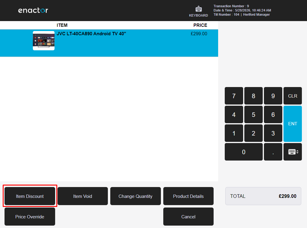 Enactor POS item functions screen. The JVC TV is selected (highlighted in blue). Item Discount button is highlighted with a red box at the bottom.