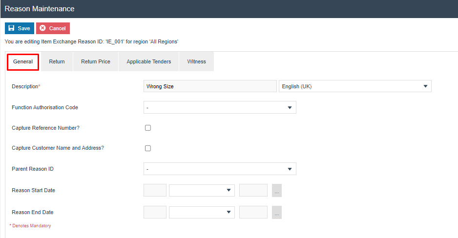 Reason Maintenance General tab for IE_001. Description is 'Wrong Size'.