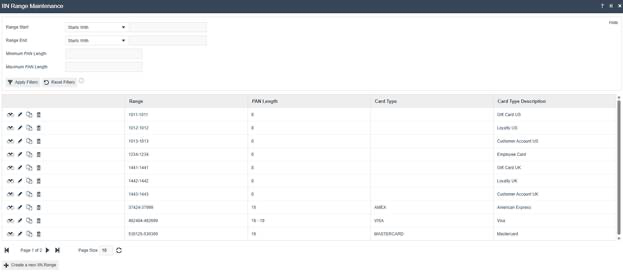 IIN Range Maintenance select page listing configured IIN ranges including entries for Gift Card, Loyalty, Customer Account, Employee Card, AMEX, VISA, and MASTERCARD.