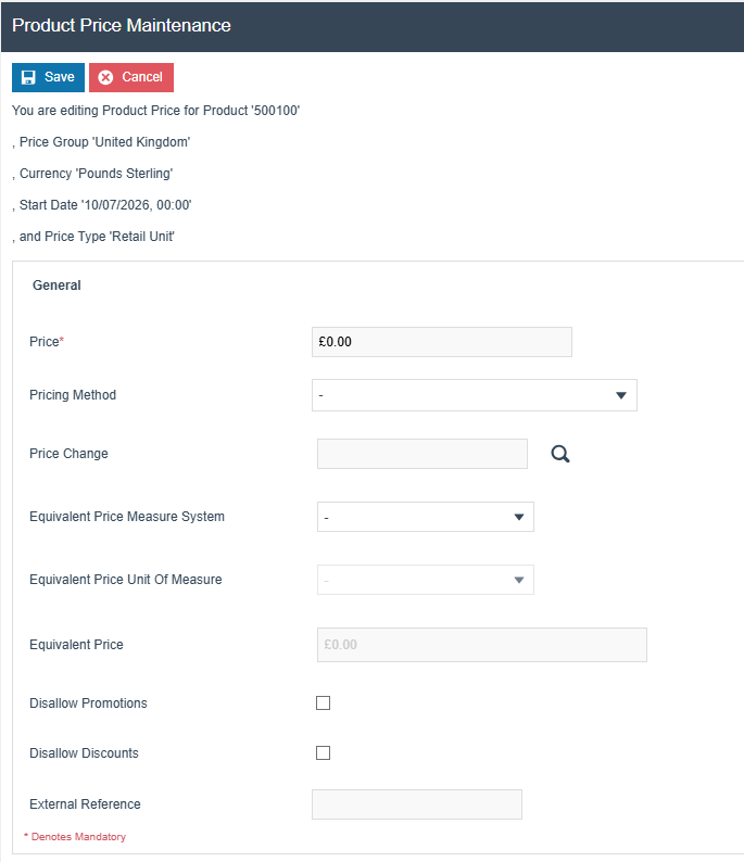 Product Price Maintenance edit page showing the Price field and additional pricing options