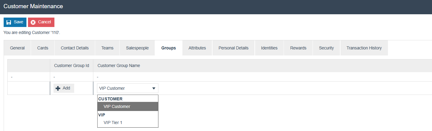Customer Maintenance Groups tab for Customer 110. The Customer Group dropdown shows CUSTOMER and VIP hierarchy groups. VIP Customer is highlighted.