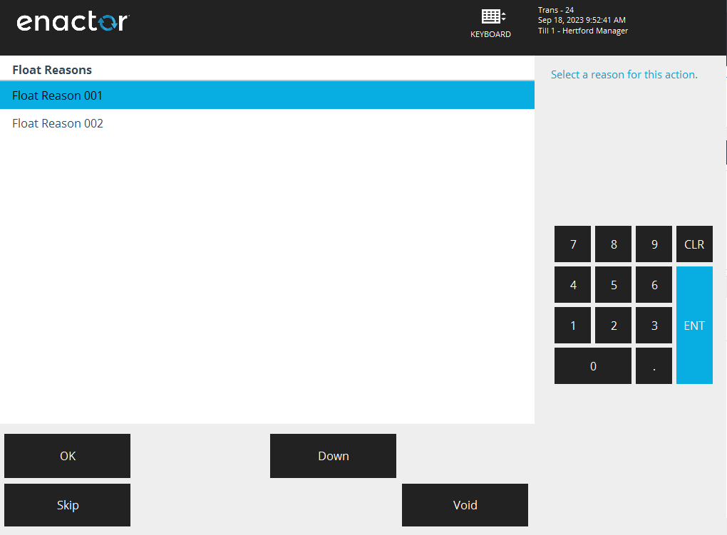 POS Terminal Float Reason selection screen showing a list of float reasons. Buttons shown are OK, Voids, and Skip.