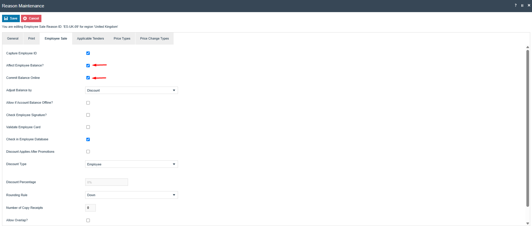 Employee Sale Reason Employee Sale tab showing Affect Employee Balance, Commit Balance Online, and Adjust Balance by Discount settings.
