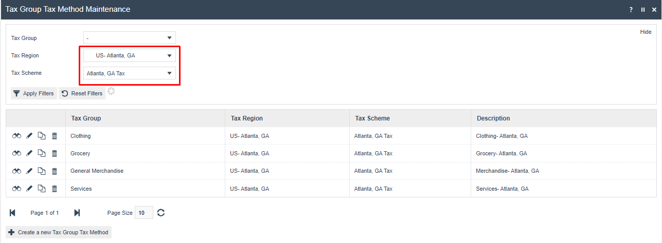 screenshot: Tax Group Tax Method list filtered to US-Atlanta GA