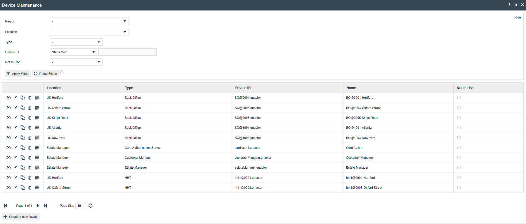 Device Maintenance list showing existing devices by Location, Type, Device ID and Name, with a Create a new Device button.