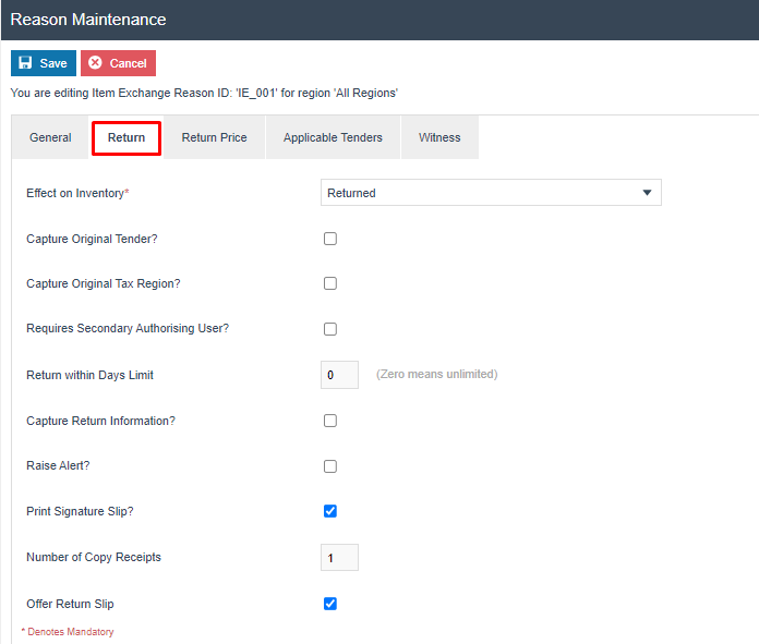 Reason Maintenance Return tab for IE_001. Effect on Inventory is 'Returned' and Print Signature Slip is checked.