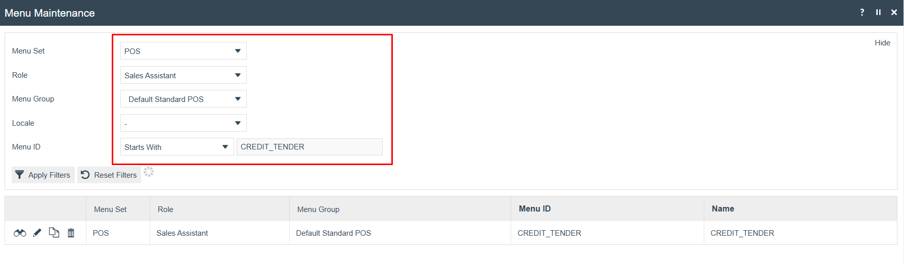 Menu Maintenance filter screen with Menu ID set to start with CREDIT_TENDER. One result is shown: POS, Sales Assistant, Default Standard POS, CREDIT_TENDER.