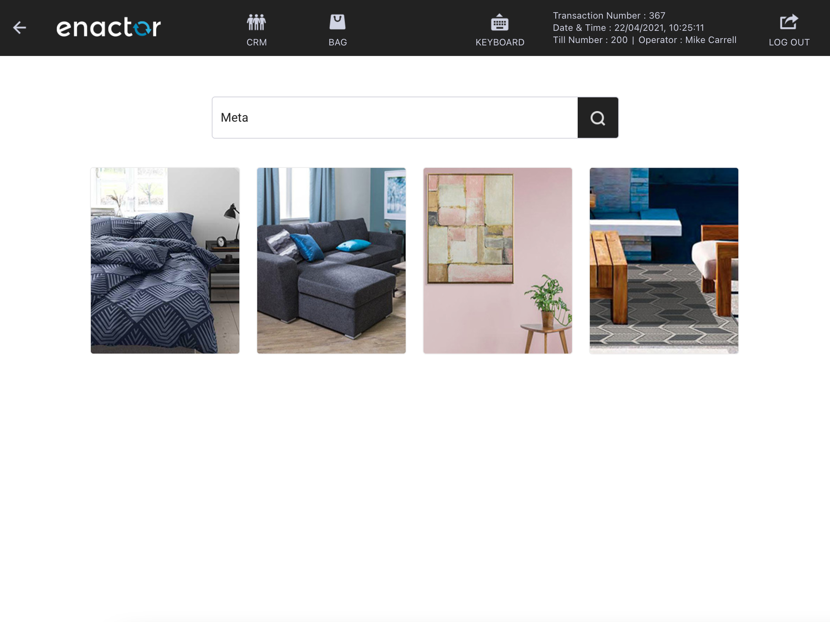 React POS product search screen showing search bar and category navigation