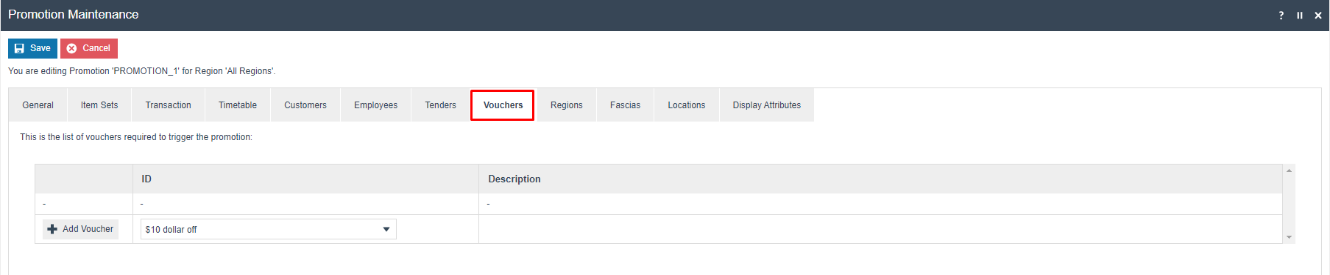 Promotion Maintenance on the Vouchers tab. The voucher list is empty with an Add Voucher dropdown showing $10 dollar off.