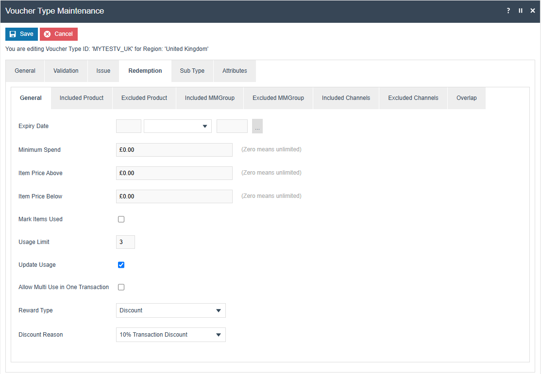 Voucher Type Maintenance Redemption tab showing Discount Reward type dropdown and Discount Reason selector