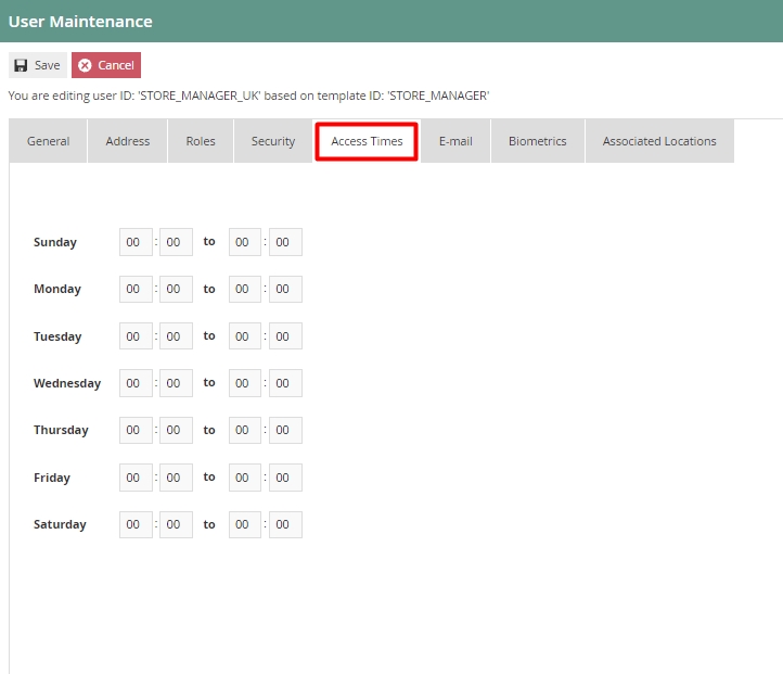 User Access Times Tab