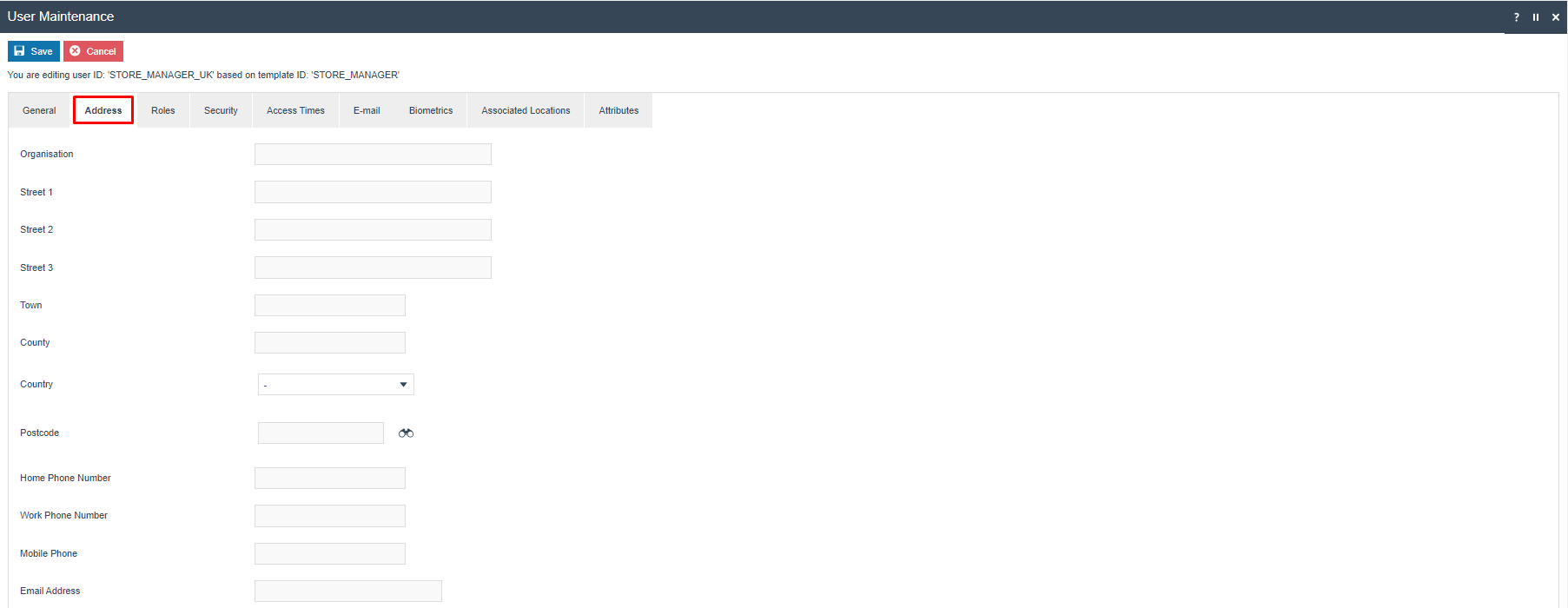 User Maintenance Address tab for STORE_MANAGER_UK showing empty address fields.