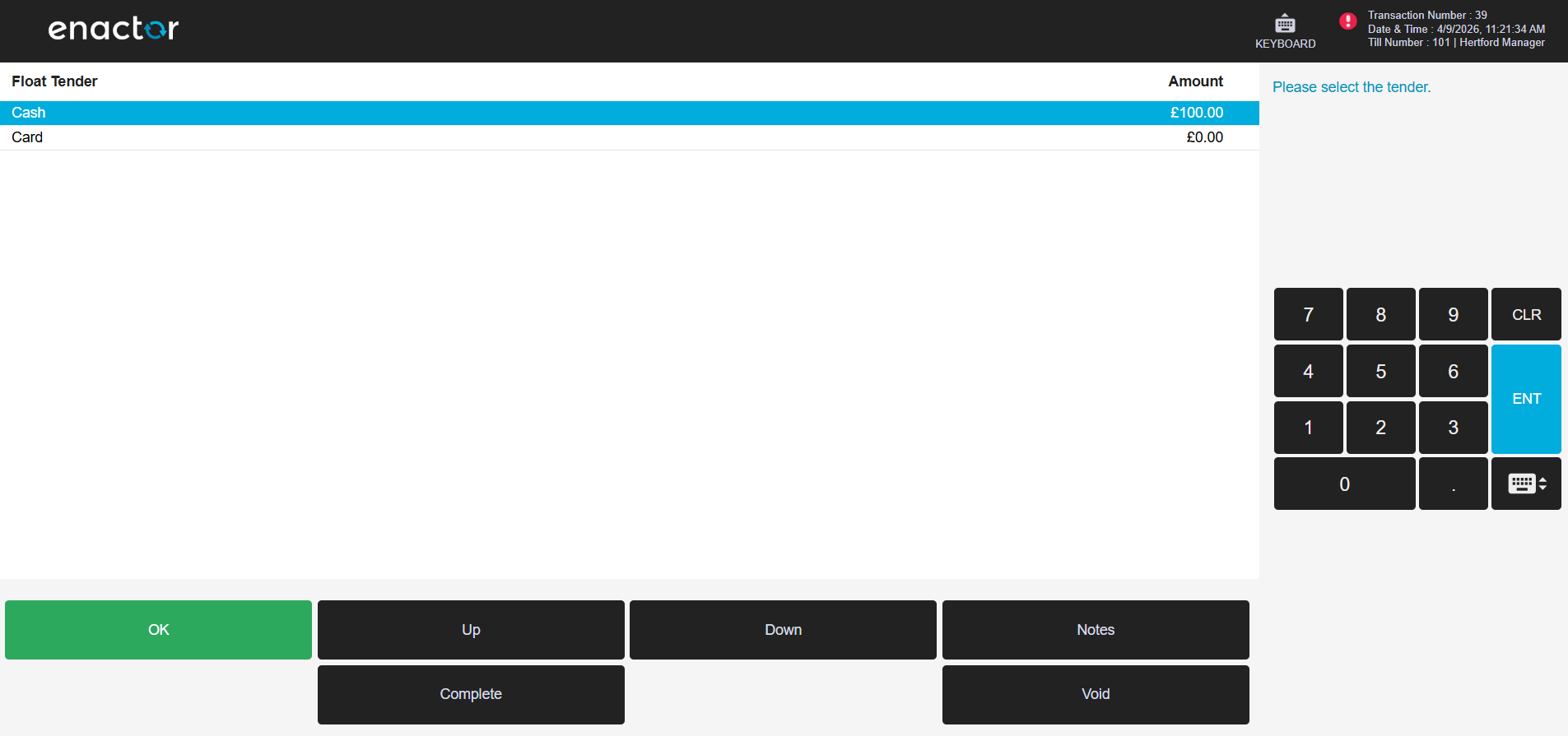 POS Terminal Opening Float tender entry screen showing tenders listed for float amount entry. Buttons shown are OK, Notes, Void, and Complete.
