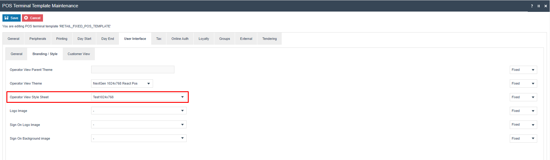 POS Terminal Template Maintenance Branding/Style sub-tab with Operator View Style Sheet set to Test1024x768.