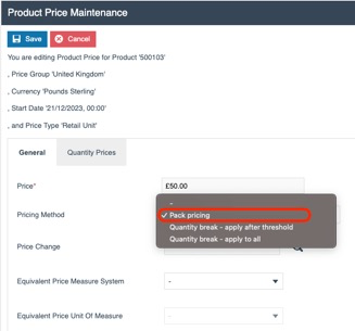 Product Price - Pack Pricing, Pricing Method selected