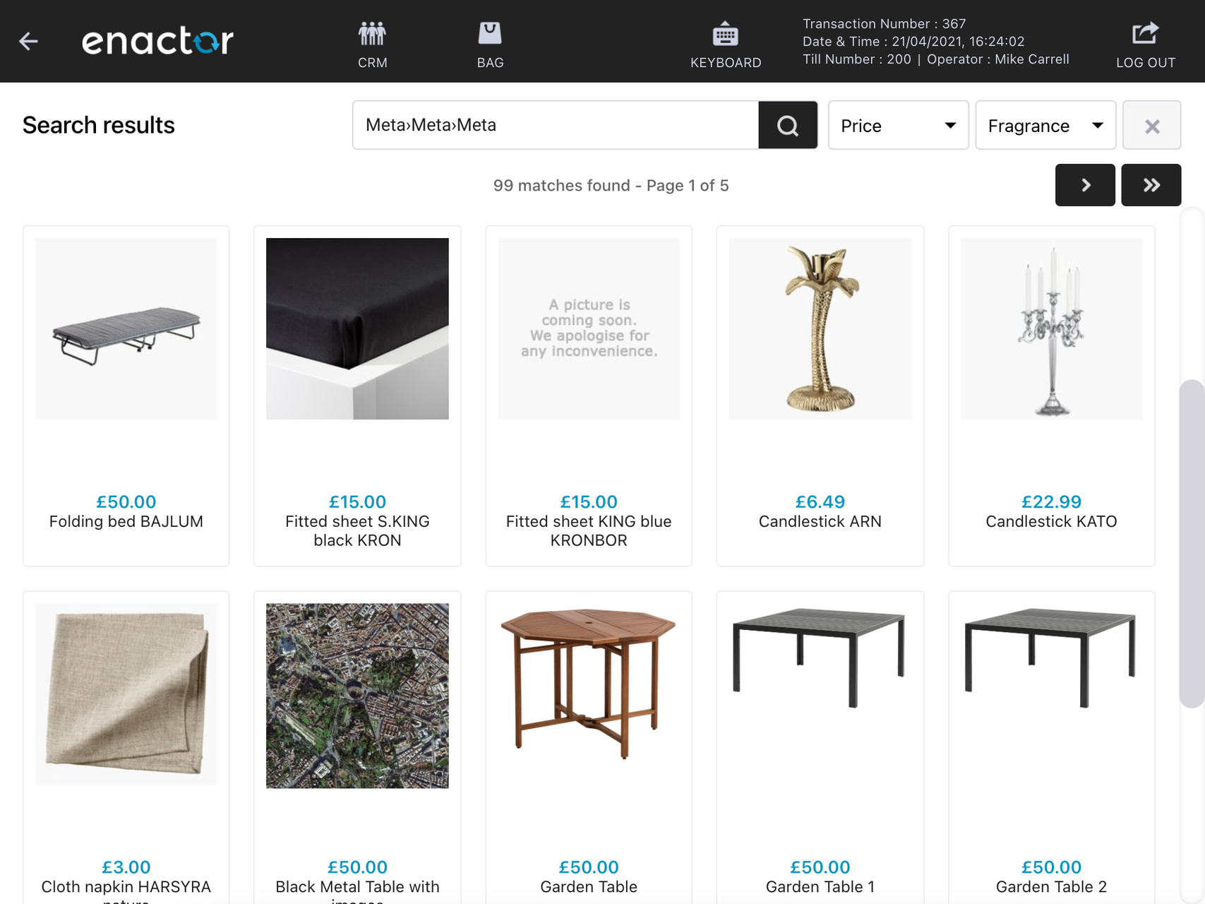 React POS product listing grid with branded search button colours