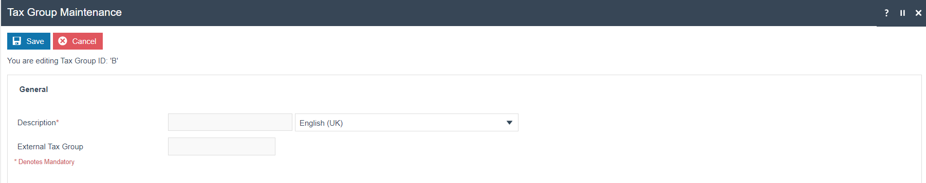 Tax Group Maintenance details for Tax Group ID 'B'. Description field is empty.