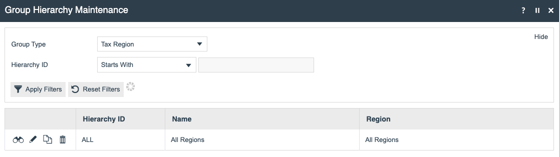 Groups screen filtered to the Tax Region group type