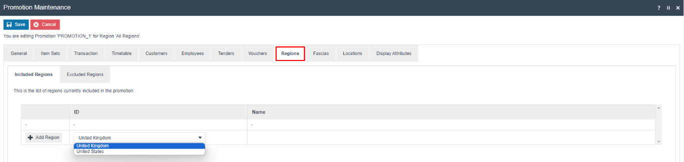 Promotion Maintenance on the Regions - Included Regions tab. Add Region dropdown shows United Kingdom and United States options.