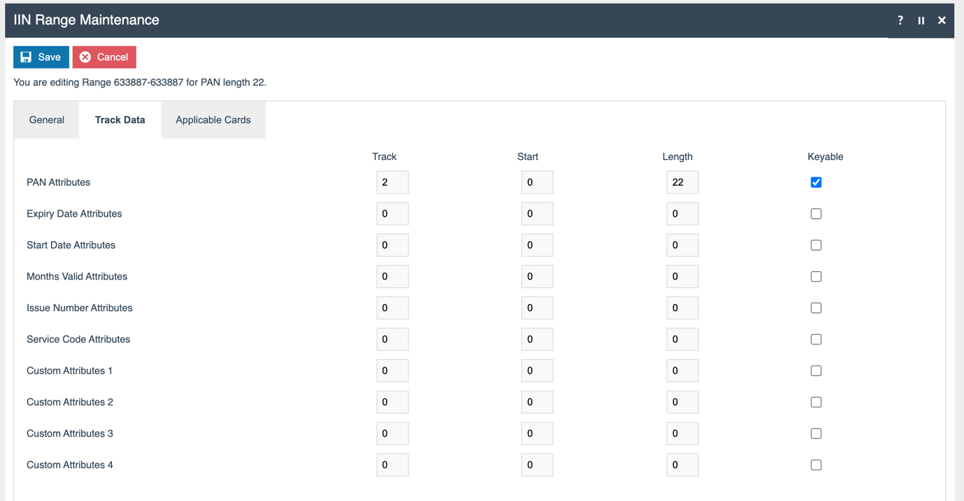IIN Range Maintenance - Track Data tab showing PAN Attributes with Track 2 setting and track length