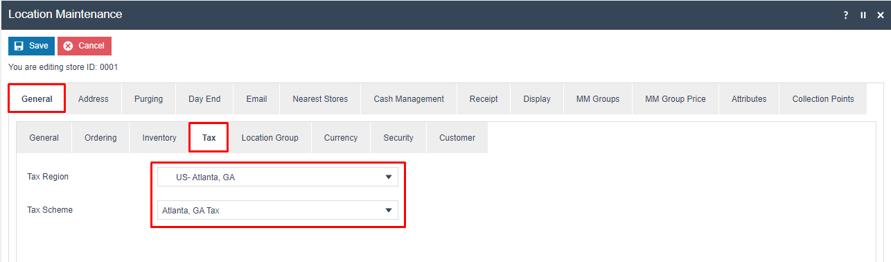 screenshot: Location Maintenance Tax tab with Tax Region and Tax Scheme set