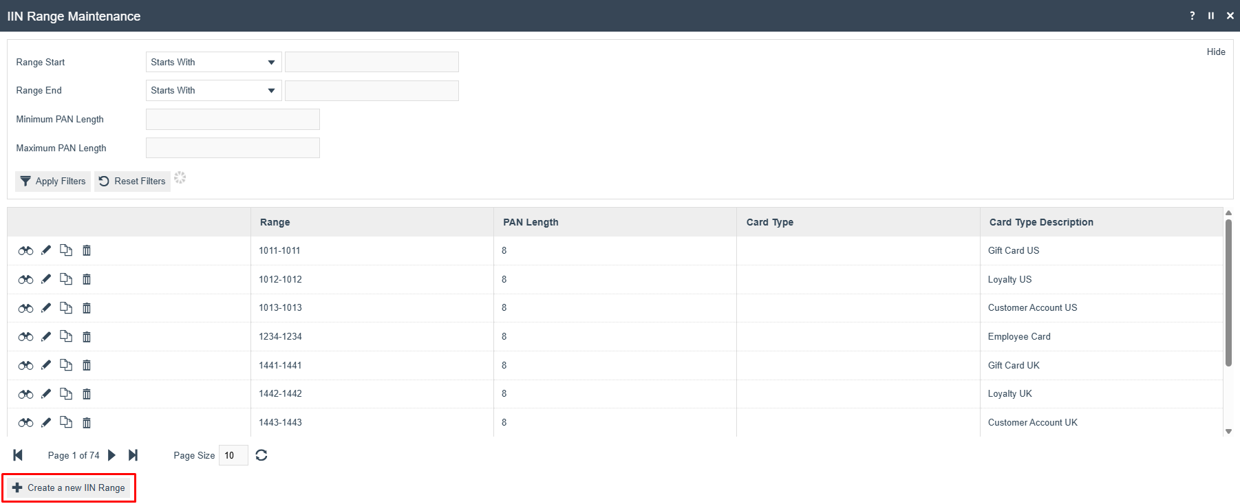 IIN Range Maintenance list with existing ranges and a Create a new IIN Range button.