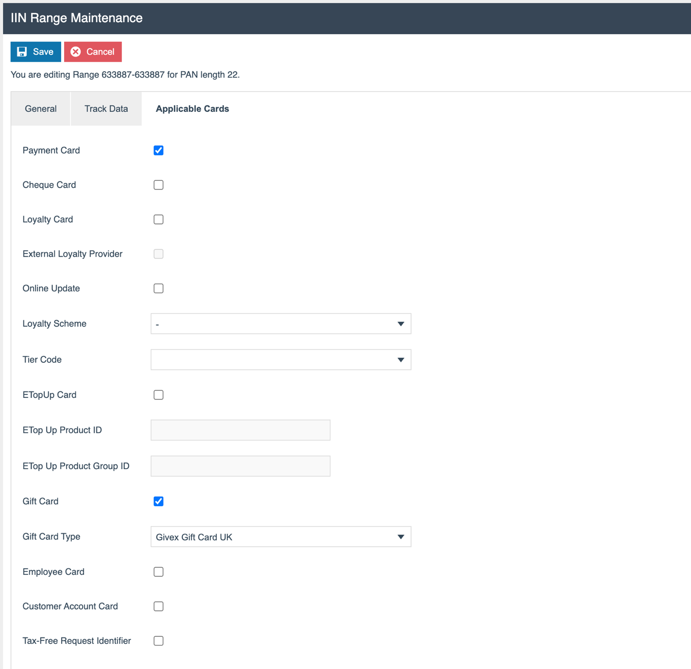 IIN Range Maintenance - Applicable Cards tab showing Payment Card, Gift Card, and Gift Card Type fields