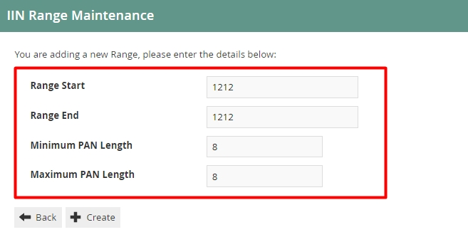 Create new IIN Range dialog showing Start IIN, End IIN, and PAN Length fields for a loyalty card example.