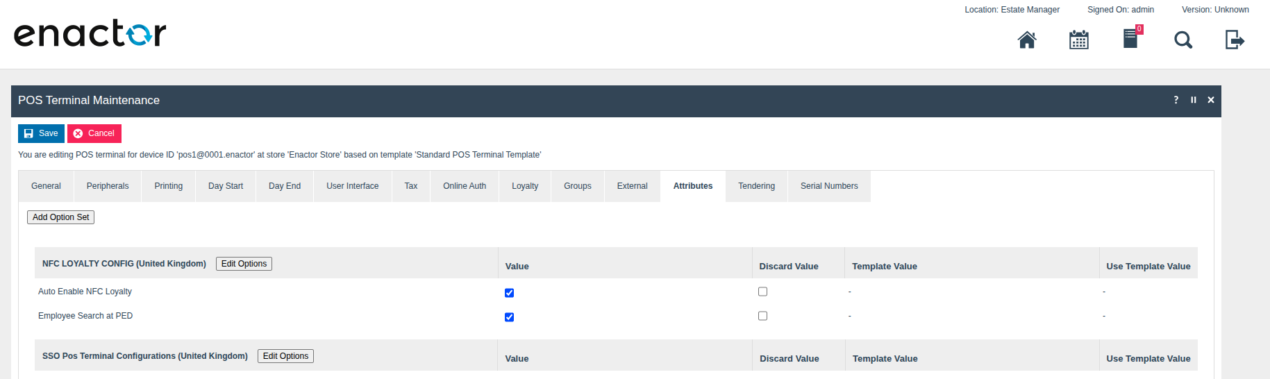 POS Terminal Maintenance Attributes tab showing the NFC LOYALTY CONFIG option set with Auto Enable NFC Loyalty and Employee Search at PED both set to true and Discard Value unchecked
