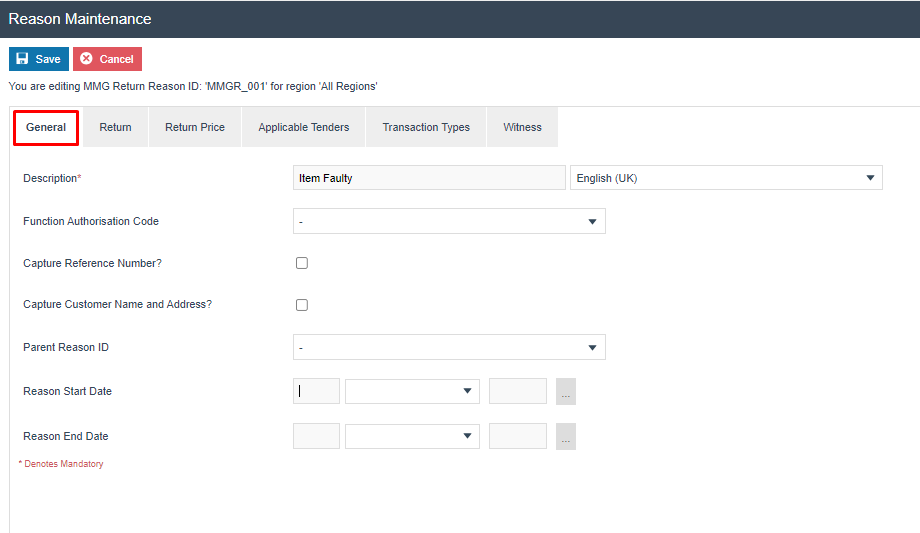 Reason Maintenance General tab for MMGR_001. Description is 'Item Faulty'.