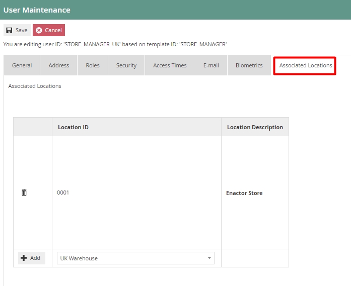 User Associated Locations Tab