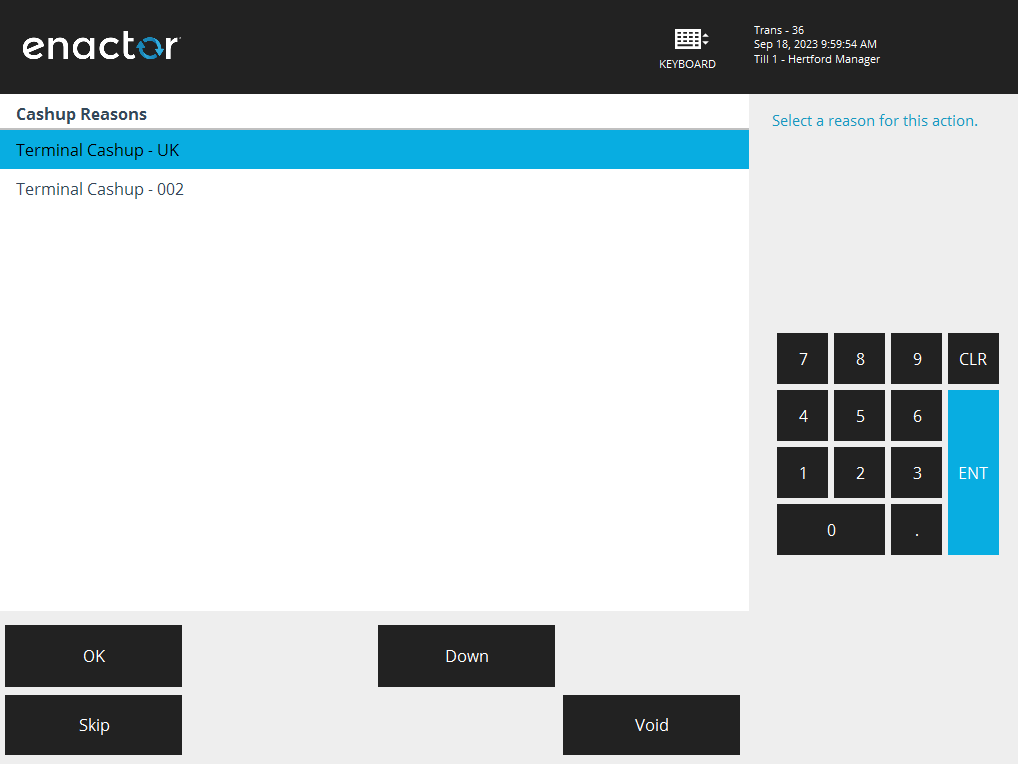 POS Terminal Cashup Reason selection screen showing a list of cashup reasons. Buttons shown are OK, Void, and Skip.
