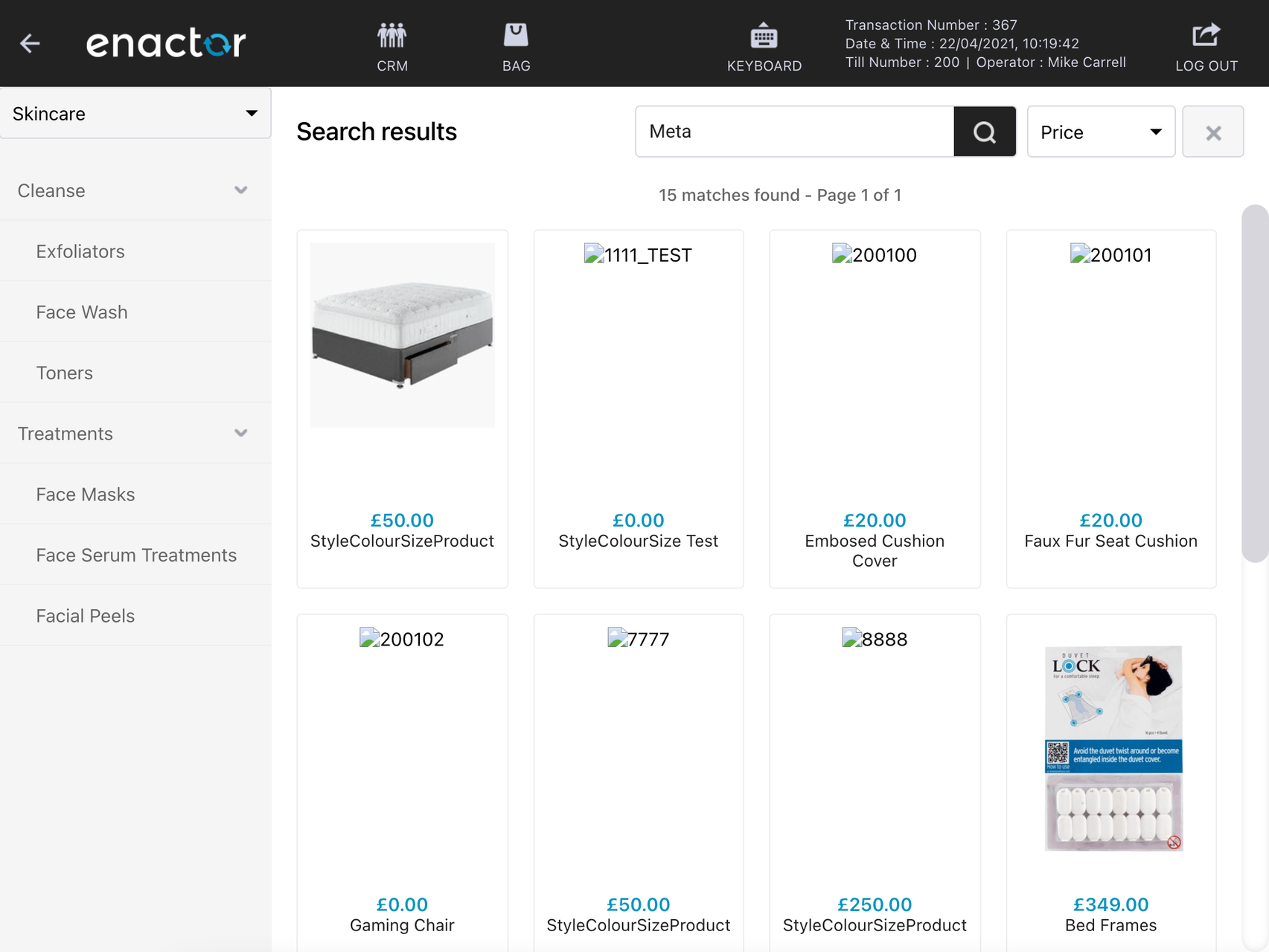 React POS product listing with side navigation and branded colours
