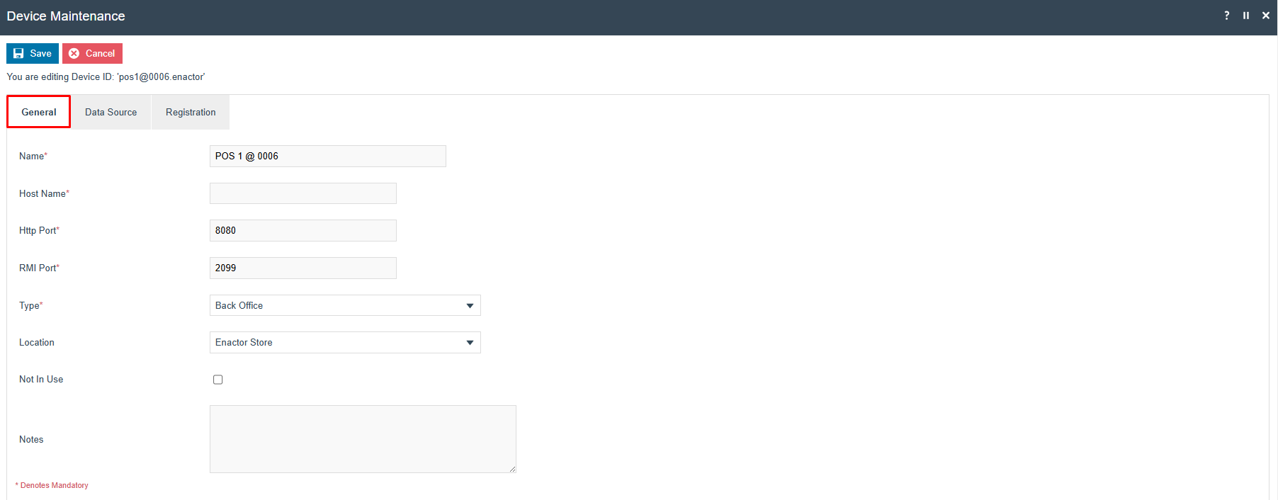 Device Maintenance General tab for pos1@0006.enactor showing Name POS 1 @ 0006, Http Port 8080, RMI Port 2099, Type Back Office, Location Enactor Store.