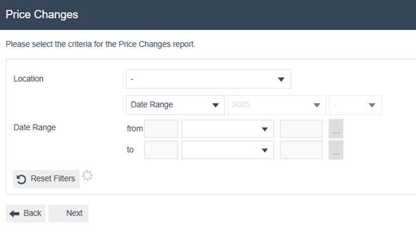 Price Changes filter screen with Location dropdown and Date Range fields.