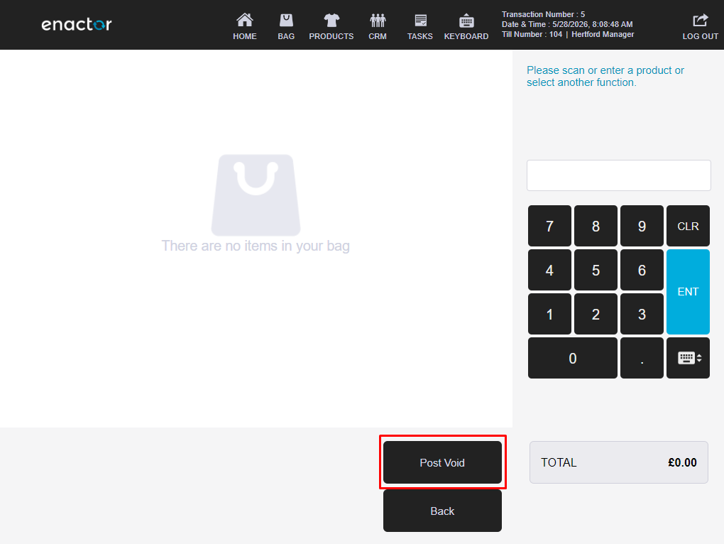 Enactor POS with empty basket showing the Post Void button highlighted with a red box in the function buttons at the bottom.